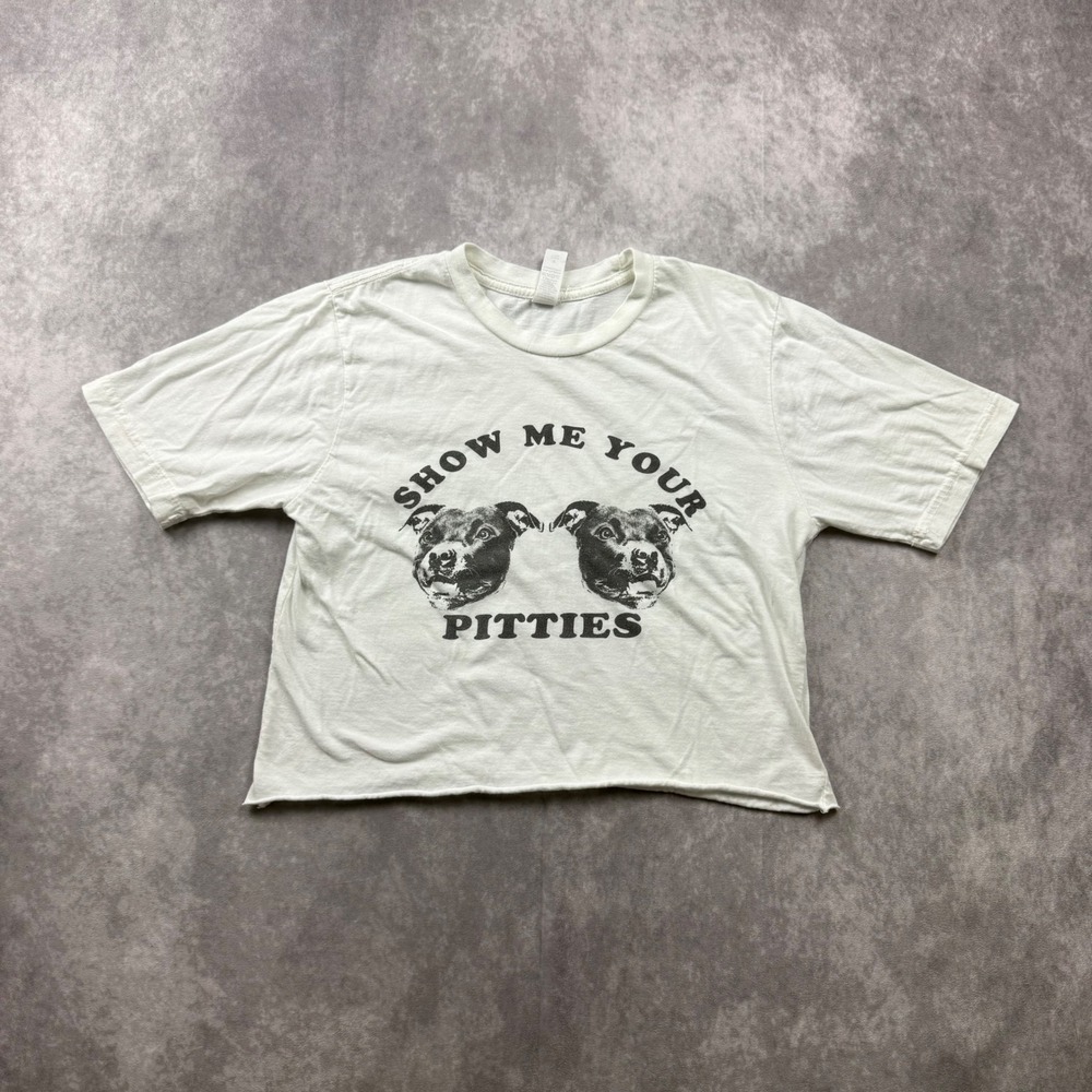 Lane Seven Show Me Your Pitties Graphic Crop Top White Pitbull T-Shirt Small